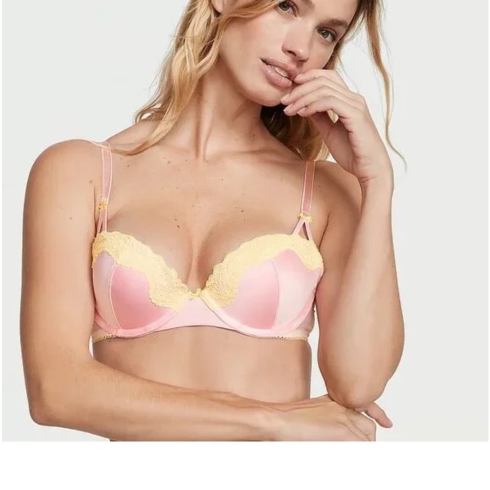 Victoria’s Secret Tease Push Up Bra Pink & Yellow Lace Size 32DD